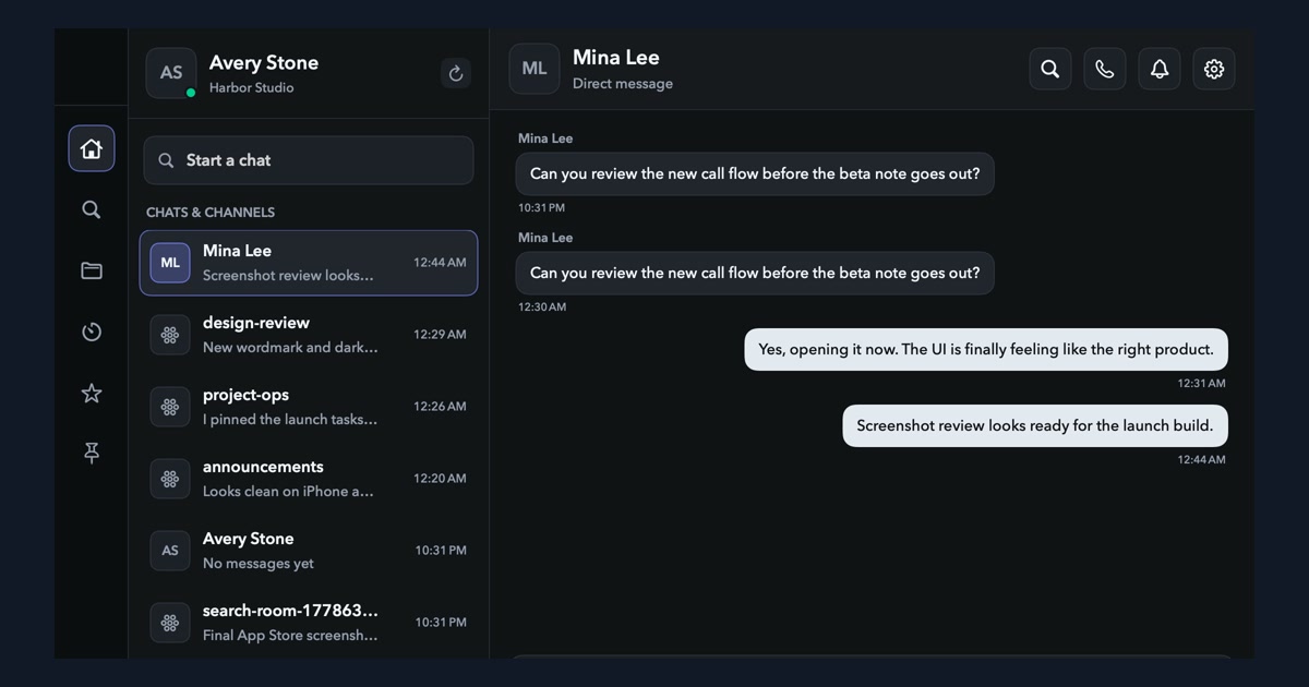 meldra app preview showing a team messaging workspace